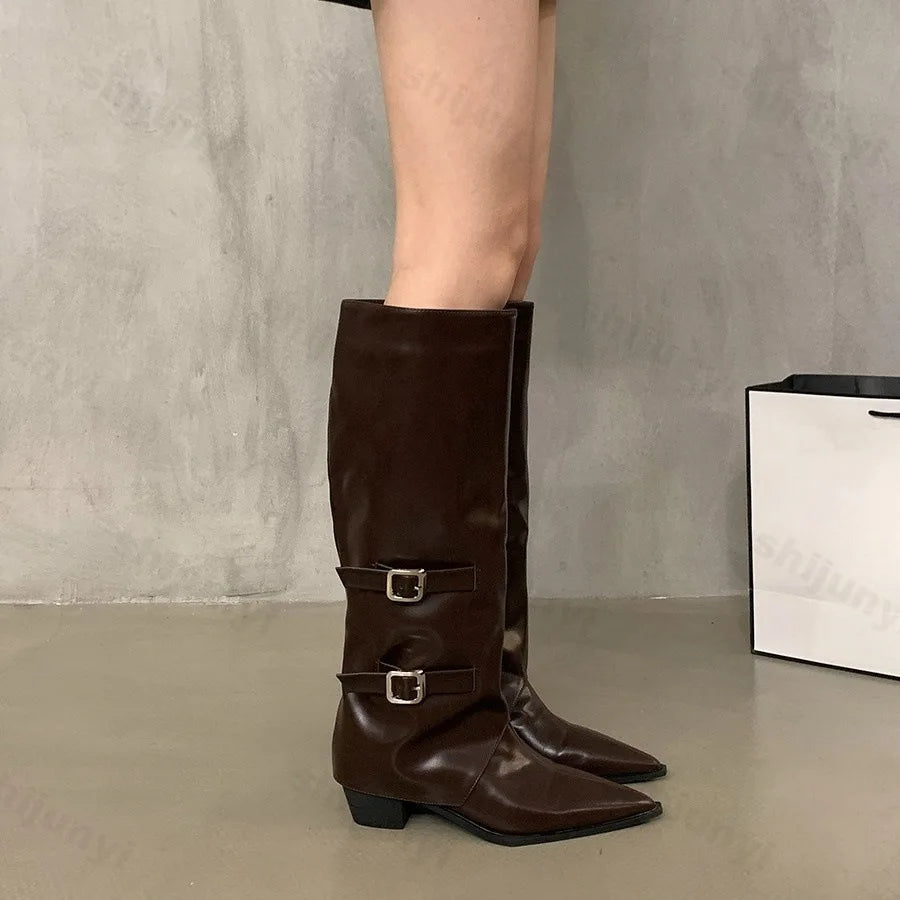 Lunivop Retro Style Women Knee High Boots New 2025 Fashion Belt Buckle Shoe Autumn Winter Wedges Heel Women Non-slip Knight Long Booties