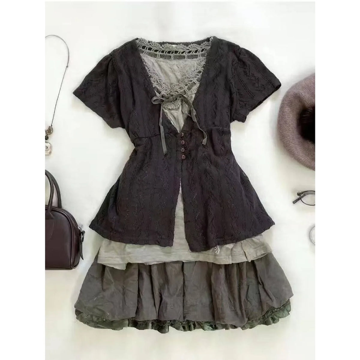 Lunivop  Gothic Vintage 3 Piece Set Causal Short Sleeve Cardigan Slim Fit Tops High Waist  Y2k Mini Skirt Streetwear Fashion Suit
