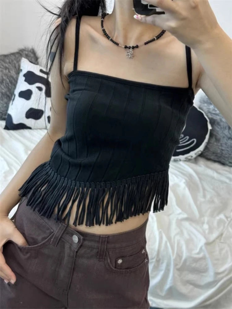 Lunivop Korean Sexy Backless Lace Up Camisole Tops Y2k E-Girl Slim Fit Tassel Tank Top 2024 Summer New Straight Black Vest for Women