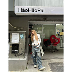 Lunivop Blue High Waist Women Jeans Spliced Design American Fashion Vintage Streetwear Wide Leg Jean Female Trouser Baggy Denim Pants