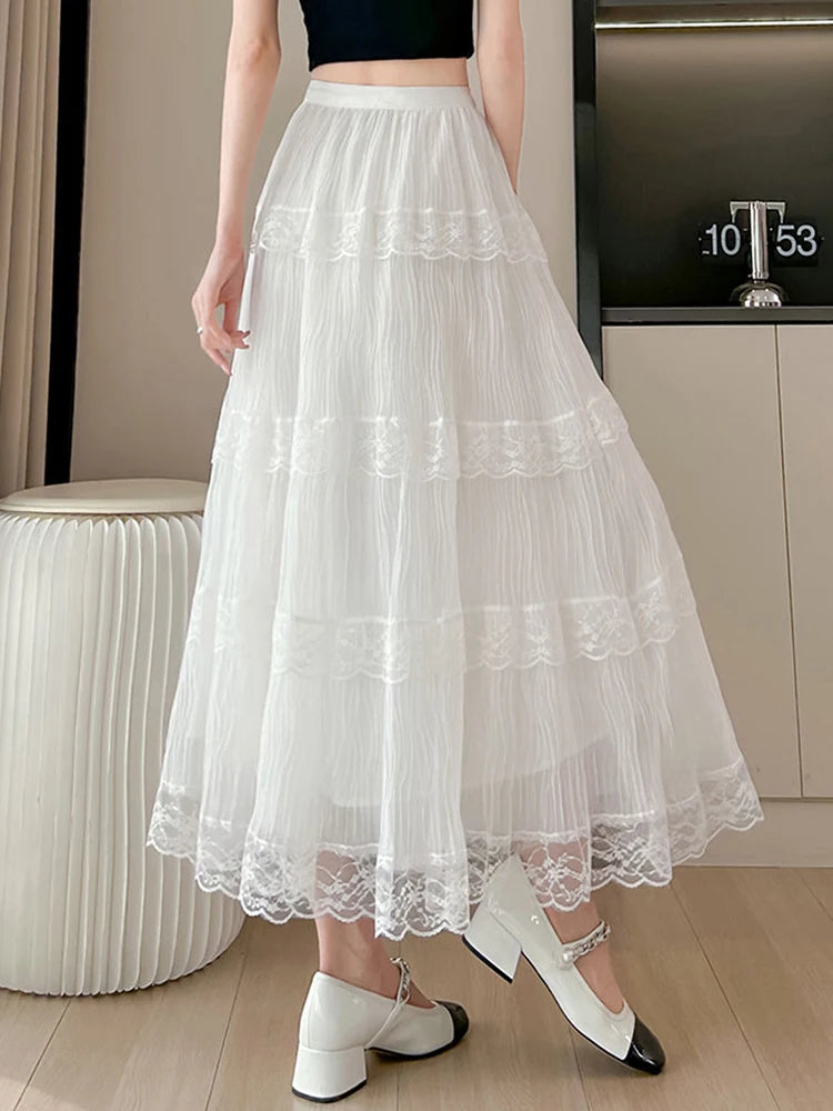 Lunivop  Retro Sweet Black Long Skirt Women Casual Loose High Waist Elegant Skirt Vintage Lace Patchwork Korean Summer Long Skirts