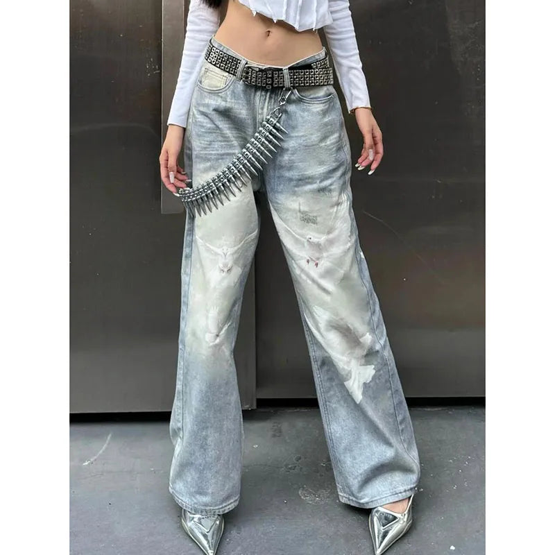 Lunivop Blue Womens Jeans High Waist Vintage Straight Baggy Denim Pants Streetwear American Style Fashion Casual Wide Leg Denim Trouser