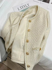 Lunivop French Sweet Tweed Jacket Women O Neck Elegant Slim Long Sleeve Coat Vintage Casual Single Breasted Female Fall Winter Tops