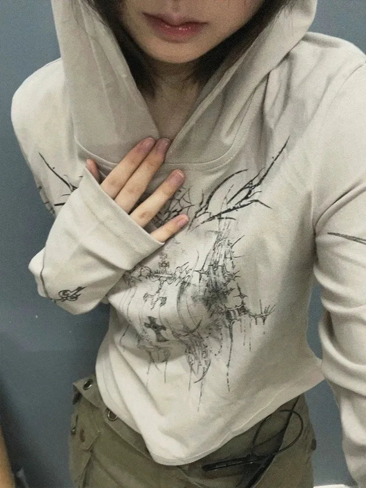 Lunivop Gothic Print Graphic Tops Hoody Long Sleeve Y2k Aesthetics Vintage Crop Tops Streetwear 2000s Japanese Grunge Tee Tops