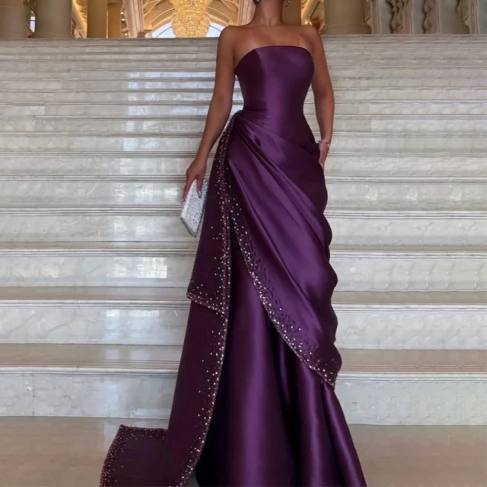 Lunivop  Grape Purple Evening Dress Customized Strapless Pleated Satin Sequin Mermaid Prom Gowns Lace-up Back Party Dress