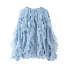 Lunivop  5 colors Fashion Cascaded ruffles V neck Open buttons Lantern Sleeve Shirt Women Loose Chiffon Blouse Tops