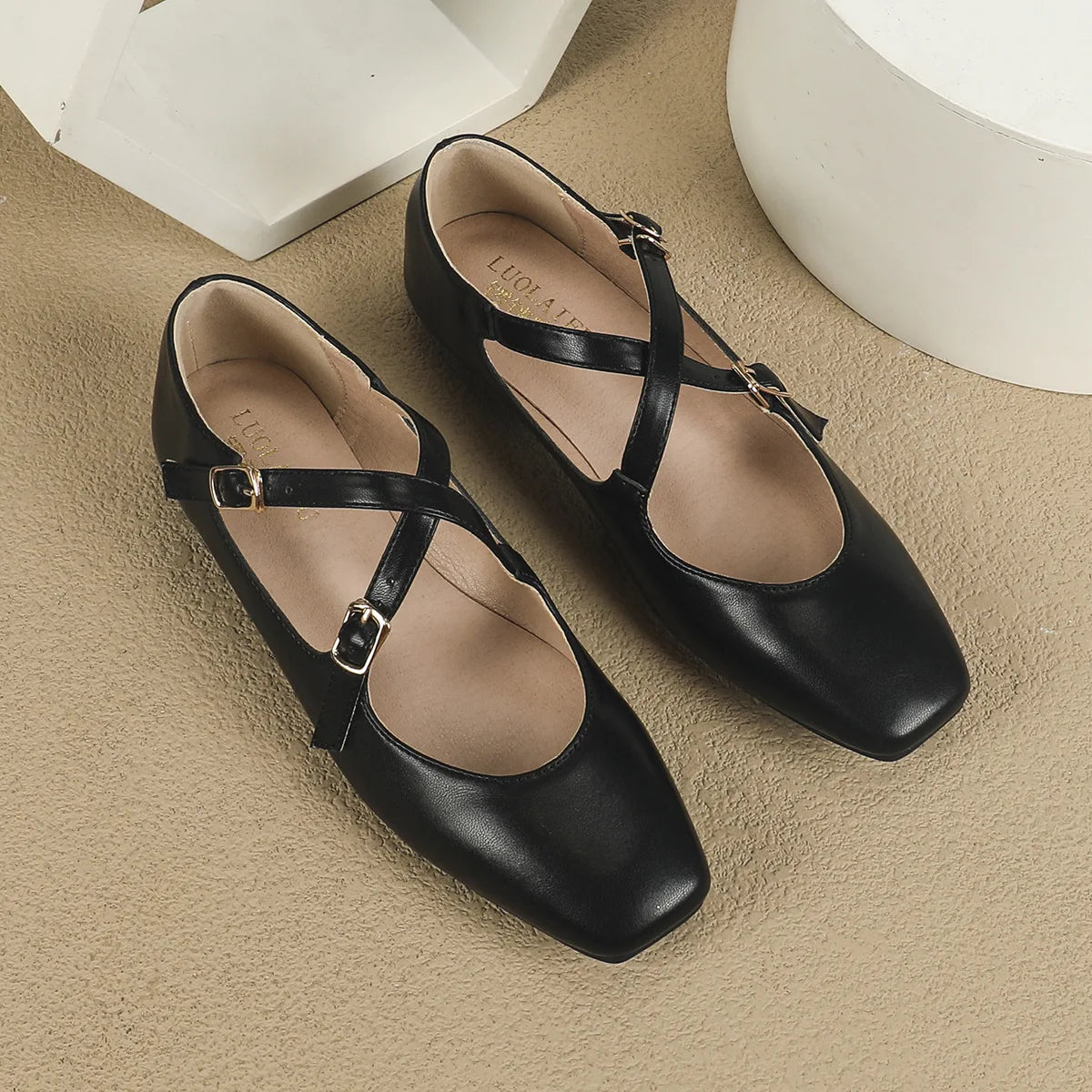 Lunivop Low Heeled Mary Jane Single Shoes Women Shoes Retro Shallow Ballet Shoes Cross Buckle Shallow Soft Sole Flats Plus Size 44