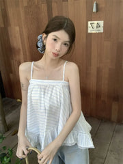 Lunivop  Striped Camis Women Lace Patchwork Summer Fashion Loose Slash Neck Chic Sweet Tank Tops Female Casual Backless