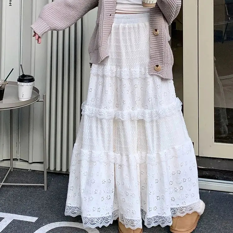 Lunivop  Sweet White Lace Cake Skirt for Women Y2k E-Girl High Waist A-line Skirts 2025 Spring New Mid-length Loose Faldas Largas