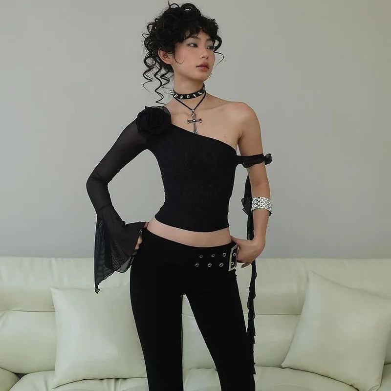 Lunivop   Flare Sleeve Chic Elegant 3D Floral One Shoulder Lace-up Crop Top Y2K Solid Casual Slim Fit Party Streetwear Tank Top