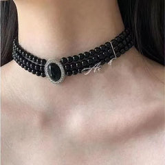 Lunivop Multi-Layer Black Imitation Pearl Necklace Bead Chain Punk Ladies Wedding Short Clavicle Necklac Girl Charm Banquet Jewelry