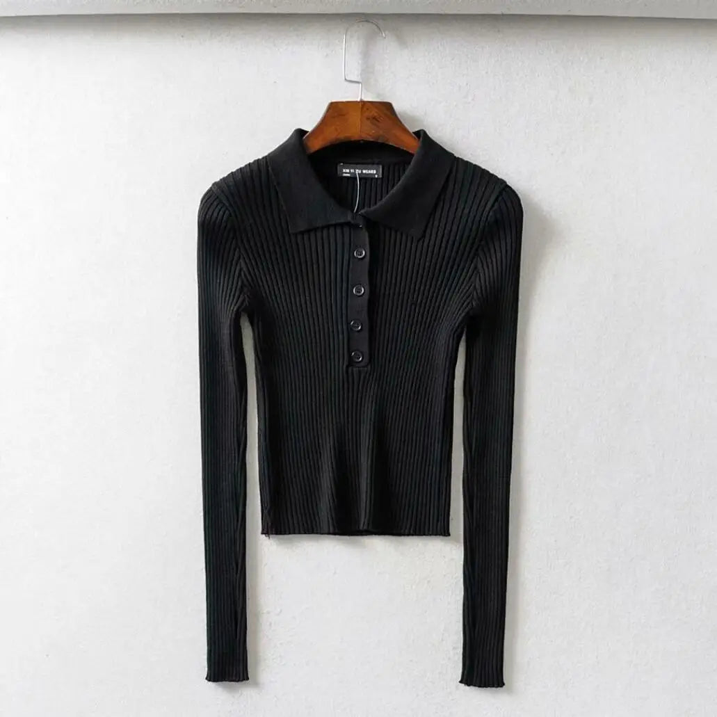 Lunivop  Woman Open Buttons Lapel collar Knitted Long Sleeve Sweater Slim Fit Crop Knitwear
