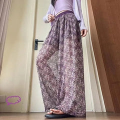 Lunivop  Women's Floral Wide-Leg Pants Elastic Waist Sheer Casual Trousers for Daily the dress black dress white dress