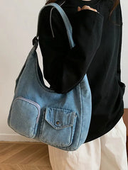 Lunivop  Multi Pocket Denim Tote Bag for Female Students Casual Single Shoulder Crossbody Large Capacity Commuting Canvas Bags