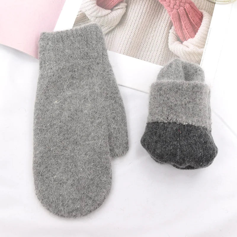 Lunivop Women Winter Keep Warm Plus Cashmere Solid Color Woolen Elasticity Soft Full Fingers Mittens Girls Black Fur Knitted Cute Gloves