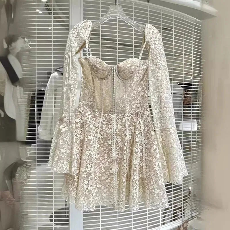 Lunivop  Fashion Women Dress Long Sleeve Low-necked Solid Color Lace Patchwork Female Party Short Dresses New Tide