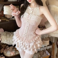 Lunivop  Mesh Patchwork Bow Slim Fit Sleeveless Vest Top for Women+ Fashion Sweet Ruched Cake Skirts 2025 Summer New Two Piece Sets