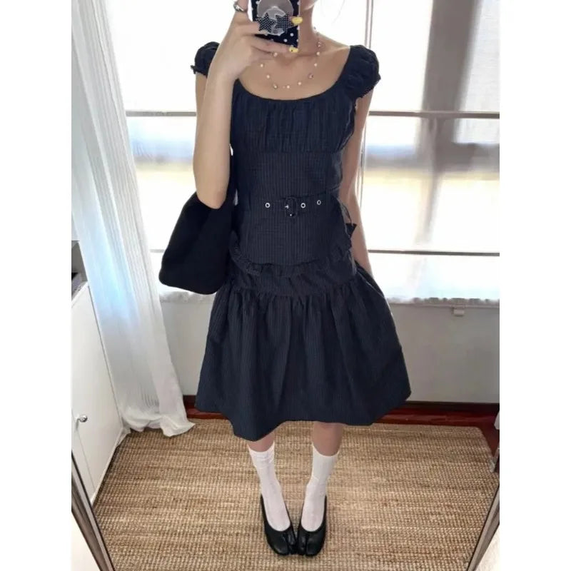Lunivop  French Style U-neck Striped Bubble Sleeve Top Retro A-line Skirt Fashion Y2k Harajuku 2-piece Set Female