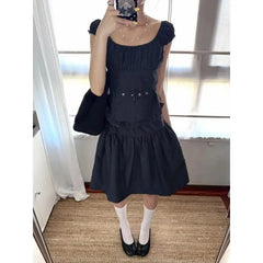Lunivop  French Style U-neck Striped Bubble Sleeve Top Retro A-line Skirt Fashion Y2k Harajuku 2-piece Set Female