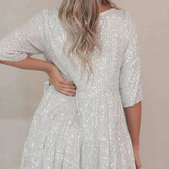 Lunivop  Elegant Fashion Sequins Round Neck Loose Short-sleeved Dress Dinner Dress Plus-size Women's Clothing