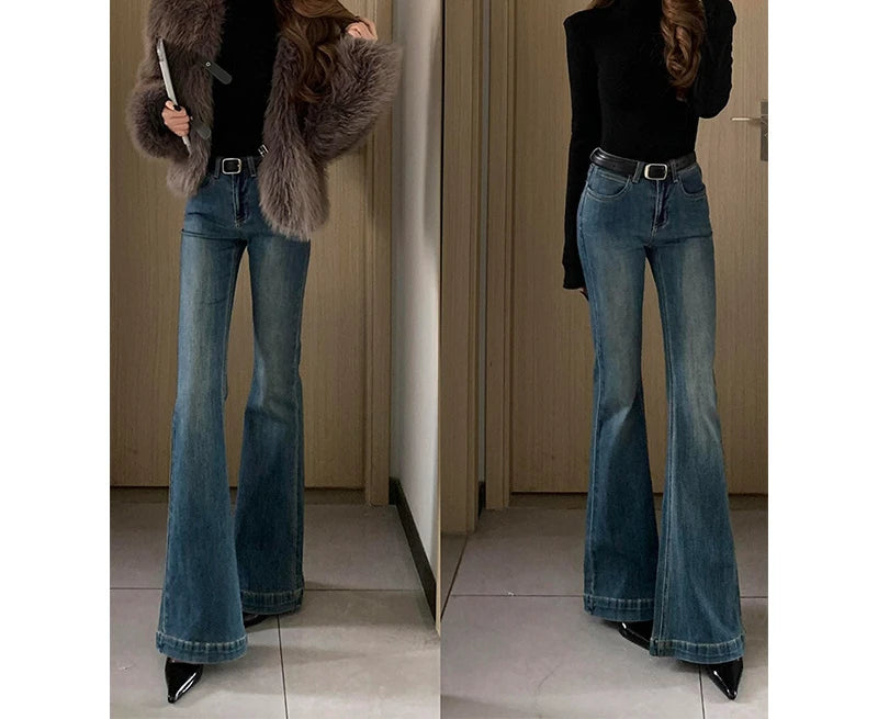 Lunivop  Fall Winter New American Vintage Flared Jeans for Women High Waist Skinny Fit Bell Bottoms Fleece Lined Slimming Trousers