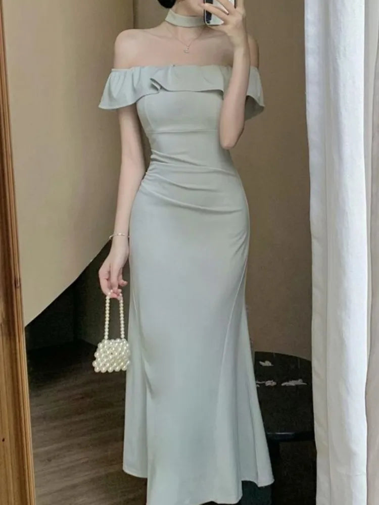 Lunivop Sexy Solid Off Shoulder Mermaid Dresses Summer Slim Waist Vestidos Mujer Elegant Ruffles Slash Neck Bodycon Evening Party Dress