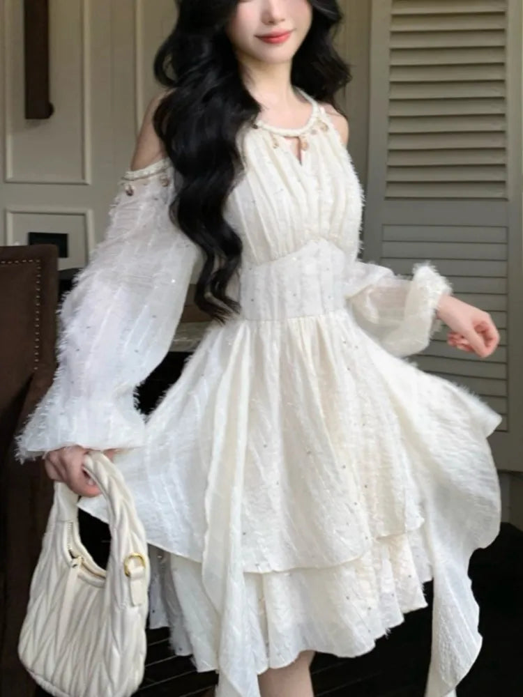 Lunivop  Women's Chic Irregular Ruffles Shell Decoration Mini Dress Autumn Winter Long Sleeve Off Shoulder Fairy Evening Sequin Vestidos