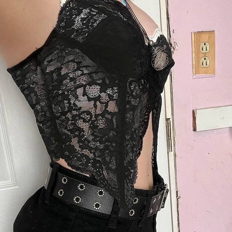 Lunivop Transparent Y2K Lace Bustiers Backless Clubwear Aesthetic 2000s Gothic Camis Summer Spaghetti Strap Grunge Tops