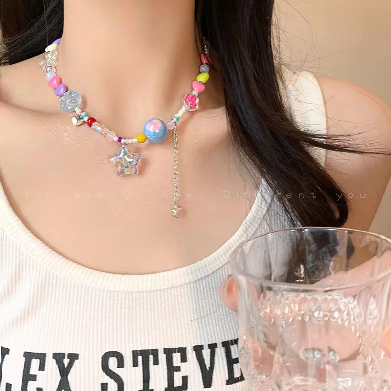 Lunivop Harajuku Acrylic Beaded Colorful Bow Pendant Necklace for Women's Party Wedding Aesthetic Jewelry Y2K