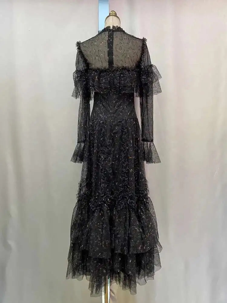 Lunivop Women's Sequin Fake 2 Pcs Ruffled Dresses Round Neck High Waist Long Sleeve Elegant Dress Female Autumn 2025 New