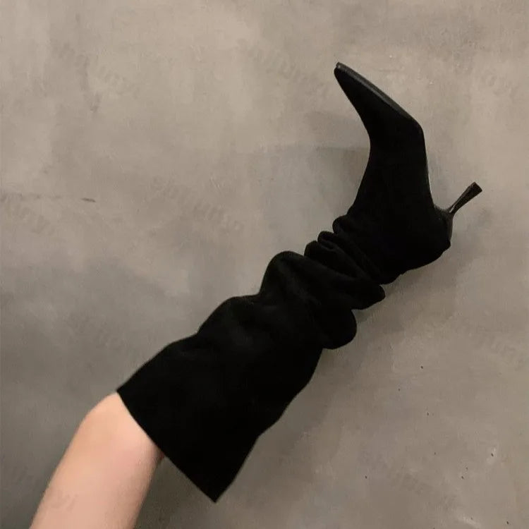 Lunivop New Sexy High Heel Women Knee High Boots Fashion Pleated Slip on Shoes Autumn Winter Ladies Knight Long Boot Botas De Mujer