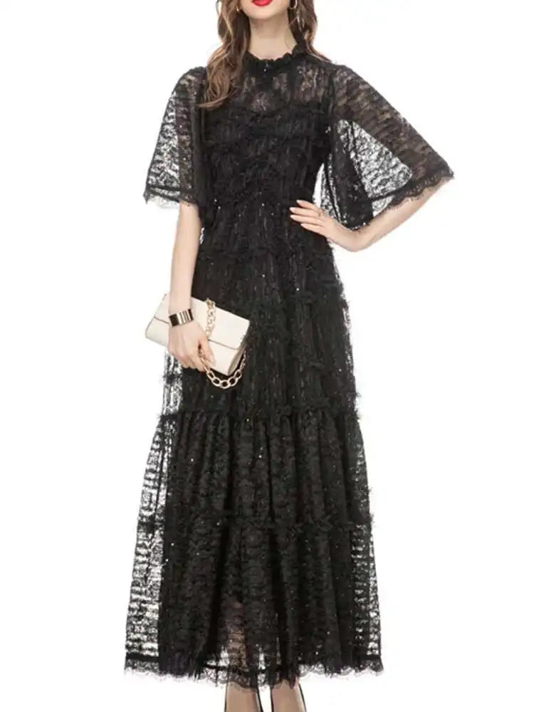 Lunivop Solid Sequin Embroidery Ruffled Dresses For Women Round Neck High Waist Short Sleeve Elegant Dress Female Spring New
