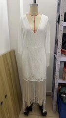 Lunivop  Women Dresses retro white lace V-neck long-sleeved fringed short front back long dress women's clothing vestidoes