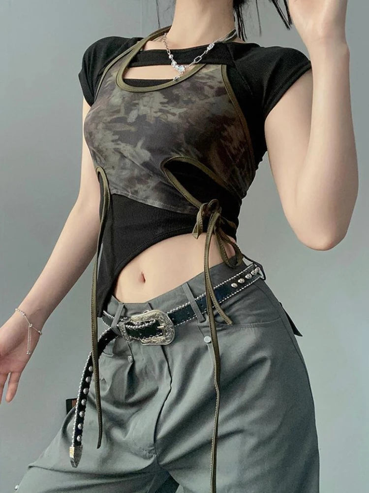 Lunivop  Vintage Camouflage Printed Mesh Halter Camisole Women+ Summer New Slim Fit Irregular Black T-shirts Y2k Grunge Two Piece Sets