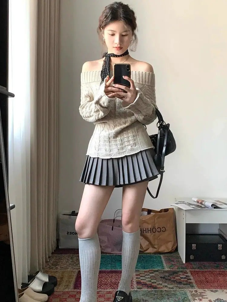 Lunivop Korean Style Sexy Off Shoulder Sweater Women Sweet Elegant Long Sleeve Knitted Pullover Cute Fashion Slim Up Sweaters