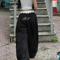 Lunivop  Contrast Lace Stitching Wide Leg Pants Streetwear y2k Low Rise Loose Black Trousers for Women Korean Fashion Baggy Capris
