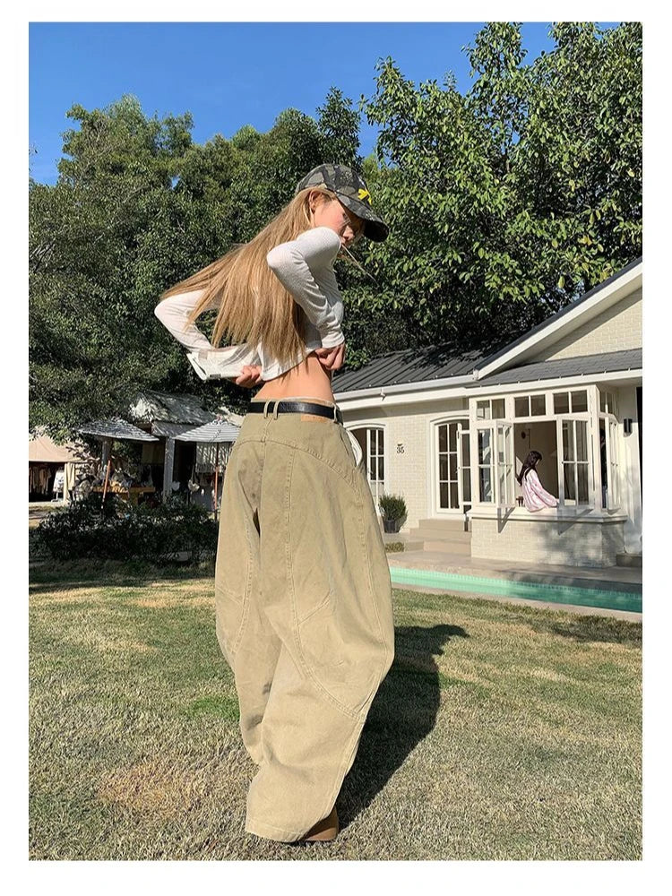 Lunivop Y2K Vintage Wash Women Cargo Jeans Harajuku Scimitar Wide Leg American Retro Denim Pants Baggy Trousers Gyaru Streetwear