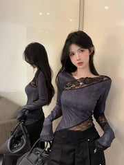 Lunivop  Y2k Lace Patchwork Vintage Long Sleeve T-shirts Summer Irregular Slim Fit Top for Women 2025 New Long Sleeve Tee Shirt