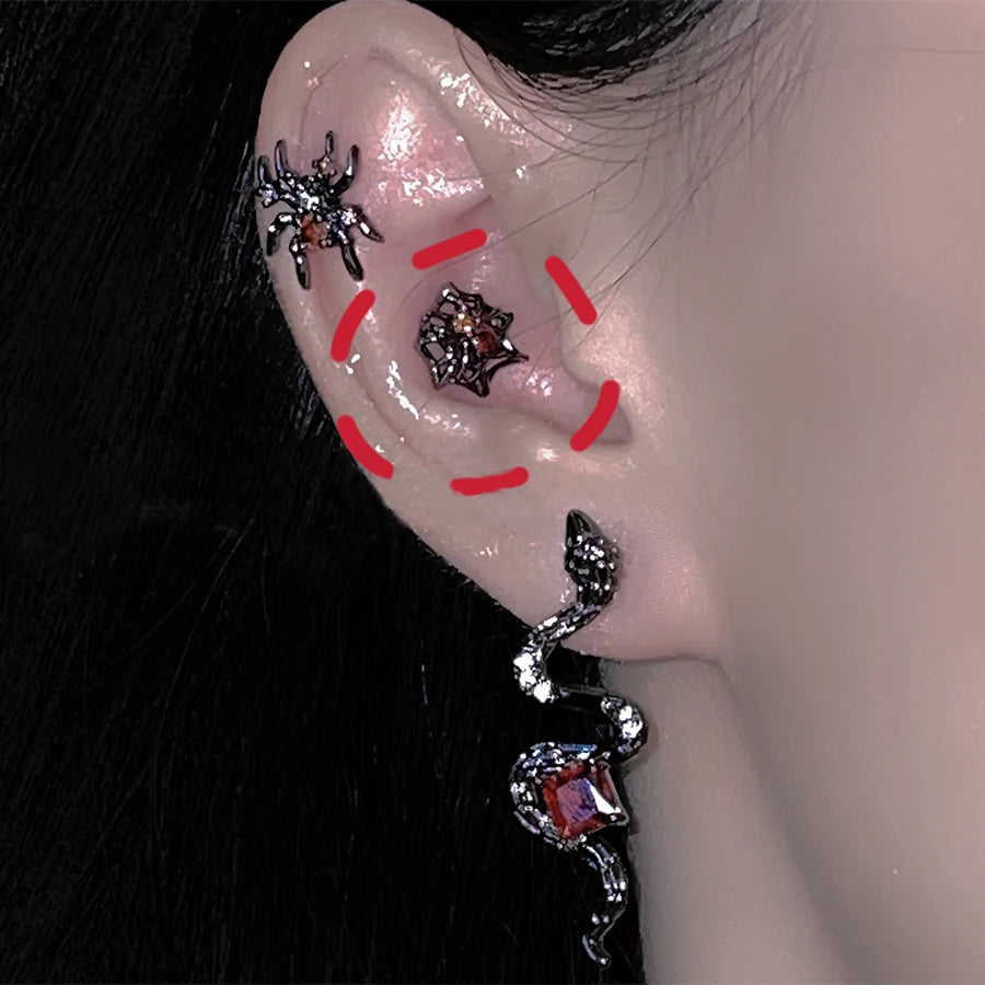 Lunivop New Fashion Gothic Red Zircon Spider Snake Devil Cobweb Earrings for Women Exquisite Stainless Steel Studs Cool Party Jewelry