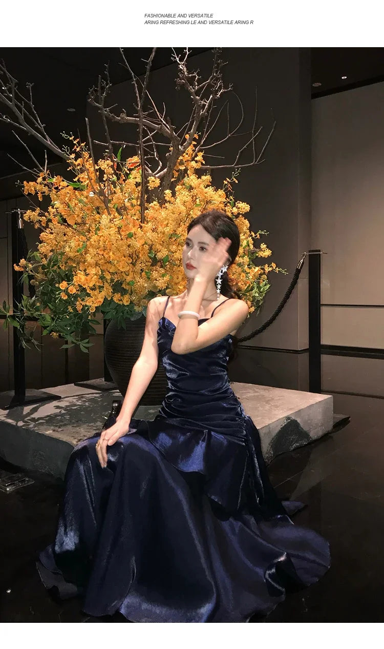 Lunivop Vintage Blue Elegant Sexy Backless Ruffles Long Dresses French  Pleated Slip Sleeveless Vestidos Birthday Evening Party Dress
