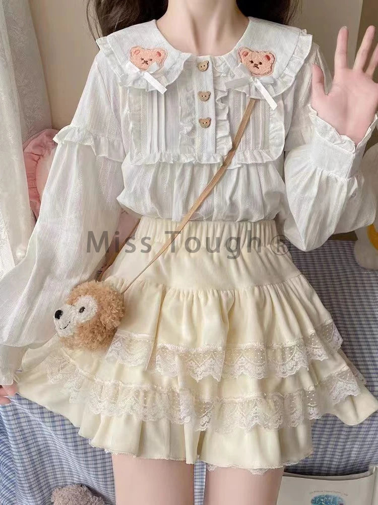Lunivop Autumn Winter Sweet Solid Elastic Waist Skirt Women Elegant Chic Lace  High Waist Short Skirt Female Design Cute Cake Skirt New