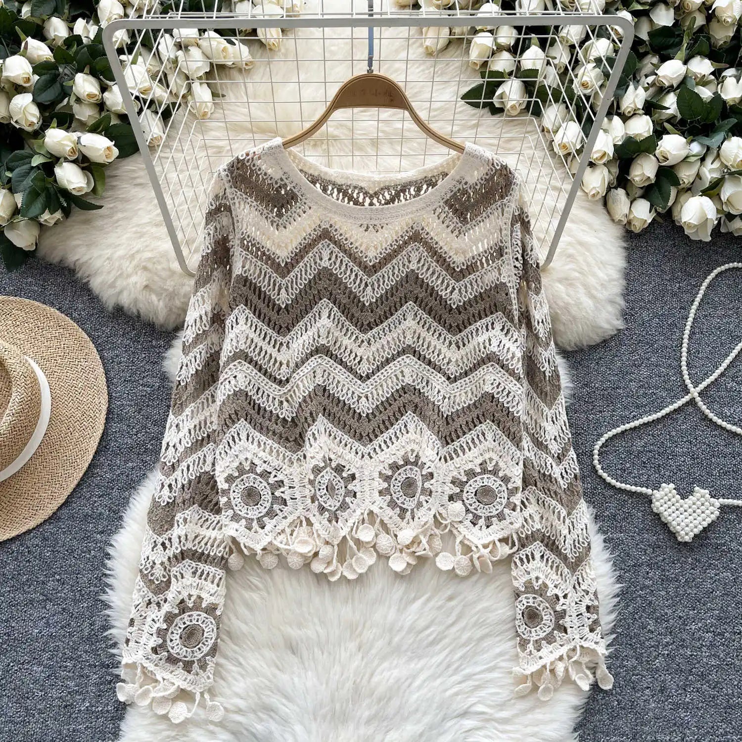 Lunivop Crochet Top Long Sleeve V-Neck Wavy Striped Open-knit Pullover Sweater for Women Teen-girl Boho Vacation Outfit
