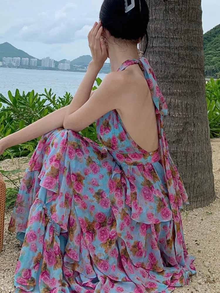 Lunivop Summer  Floral Neck Halter Dresses Women New French High Waisted Cake Dress Beautiful Romantic Flowers Vestido