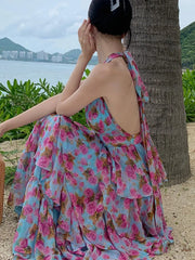 Lunivop Summer  Floral Neck Halter Dresses Women New French High Waisted Cake Dress Beautiful Romantic Flowers Vestido