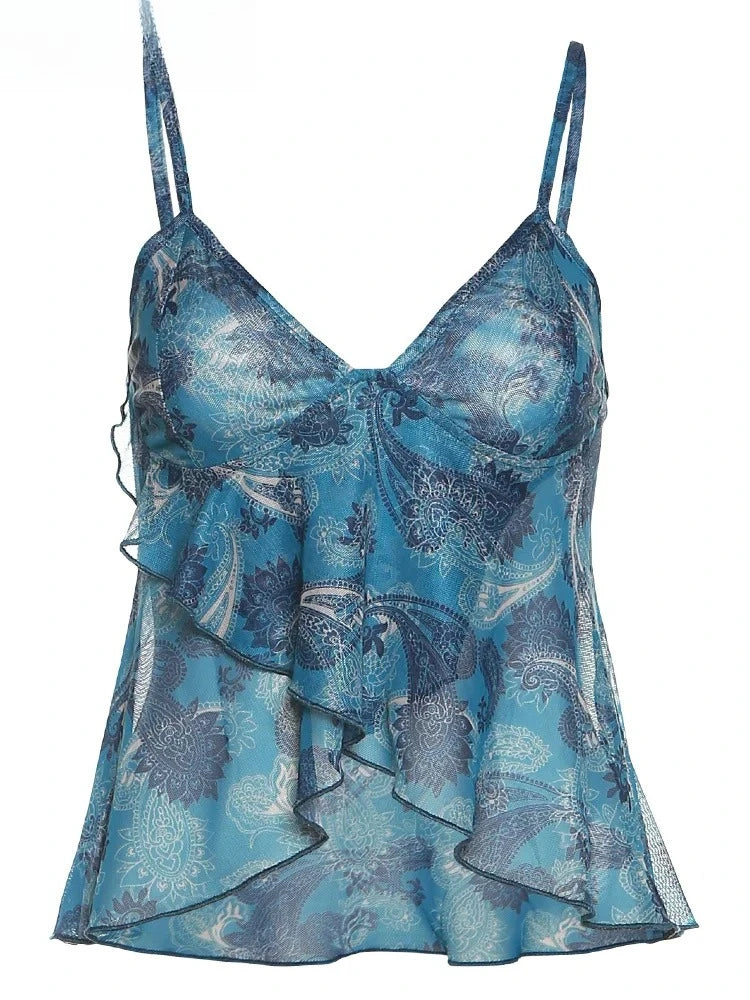 Lunivop  Mesh See Through Printed Vest Women Sexy Casual V-neck Sleeveless Suspender Camisole Patchwork Tank Top Streetwear