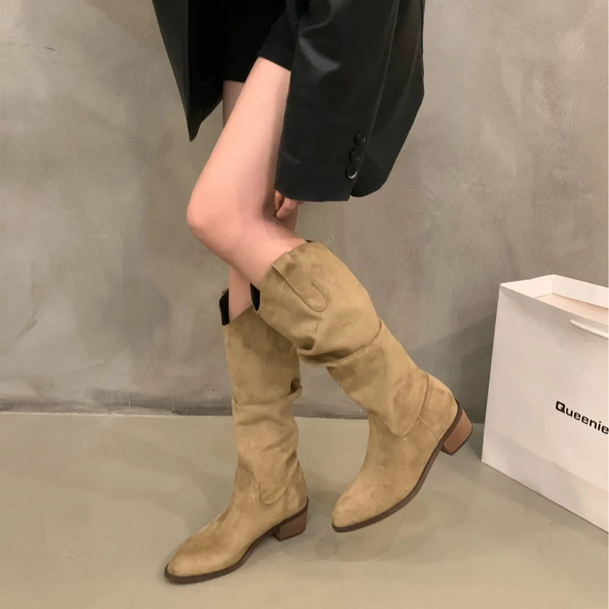 Lunivop Women Fur Suede Boots New Fashion Pleated Wedge Long Boots Ladies Round Toe Slip on Mid-calf Boots Low Heel Botas De Mujer
