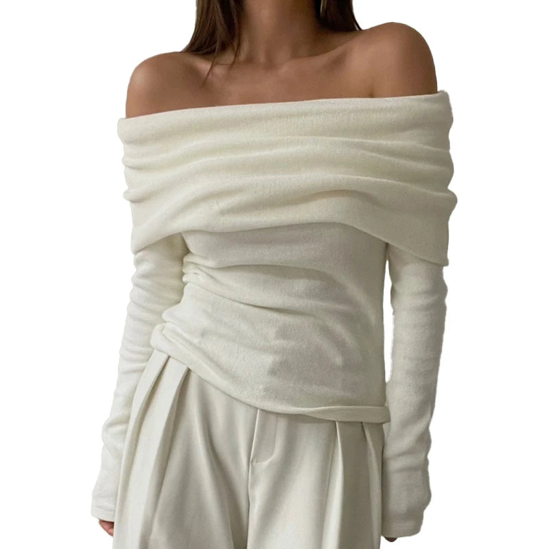 Lunivop Women Knitwear Elegant Sweater Long Sleeve Slash Neck Solid Off Shoulder Thin Pullovers Office Lady Tops Fall Winter Outfit