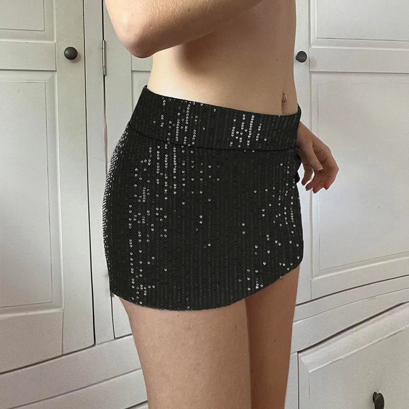 Lunivop  Party Style Black Sequin Mini Skirt Vintage 2000s Low Rise Skinny Super Short Skirts for Women y2k Clubwear Sexy Outfits