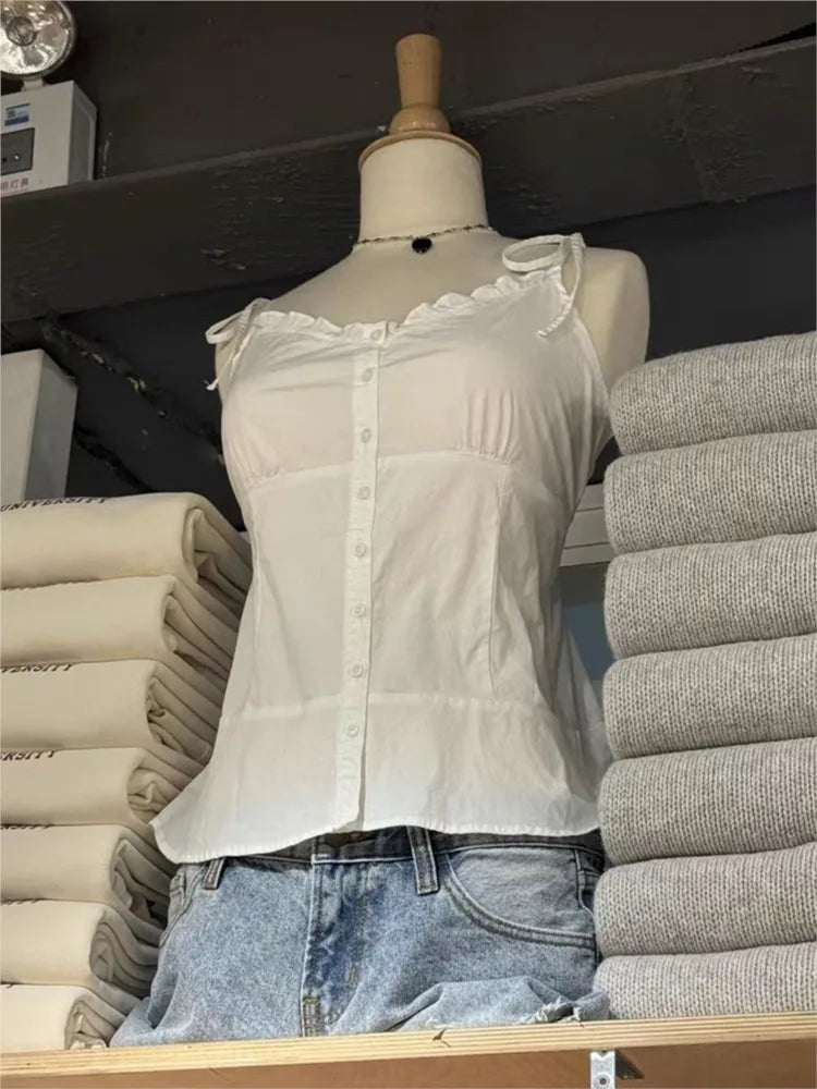 Lunivop  Cute White Square Neck Halter Strap Camisole Women Summer New Cotton Lace Trim Sleeveless Vests Sweet Vintage Chic Tank Tops Y2K