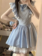 Lunivop  Cute Sweet Blue Plaid Dress Women Elegant 3D Floral Flying Sleeve Mini Dress Japan Vintage Slim Kawaii Lace Patchwork Dress